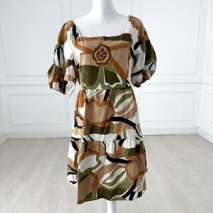 Mille Gabrielle Linen Blend Smocked Square Neck Puff Sleeve Midi Dress Large‎